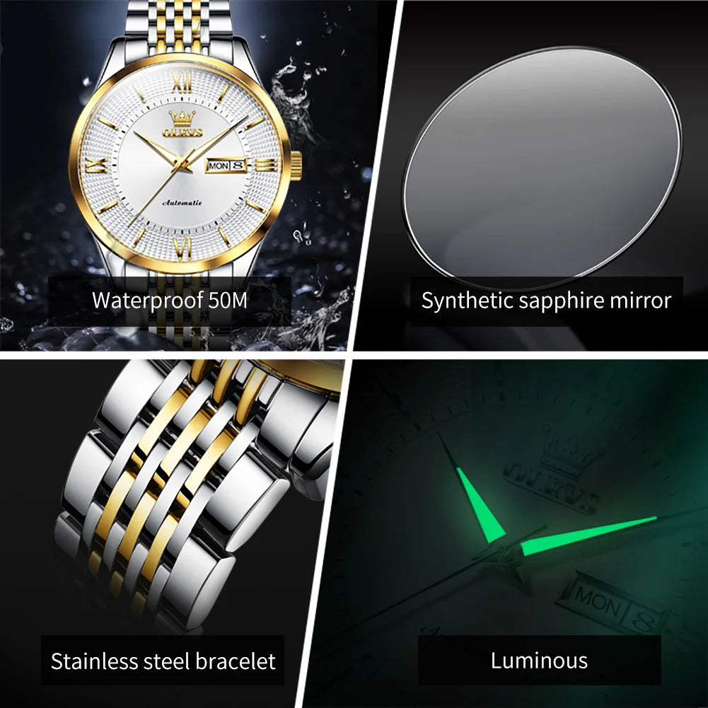 OLEVS 6657 Mens Watch Original Simple Reloj 50M Waterproof Luminous Watches For Men Mechanical Watch Day-Date Watch  With Box