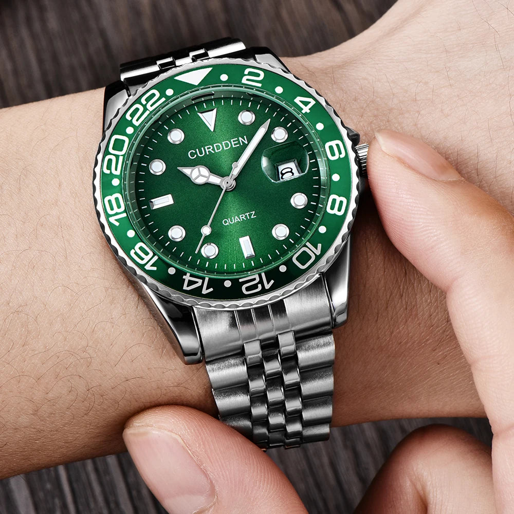 Men Famous Brand Watches Students Boys Fashion Stainless Steel Band Casual Calendar Quartz Watch Green Relogios Masculinos 2024