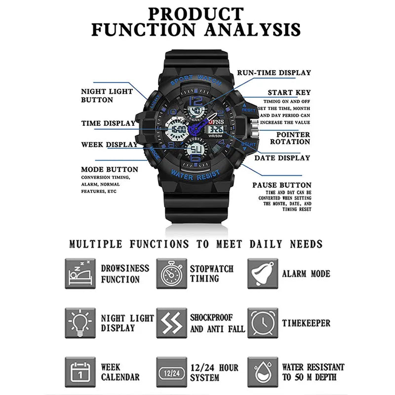 Men Outdoor Sport Watch Shockproof Waterproof LED Analog Digital Multifunction Big Dial Electronic Wristwatch G style Male Clock