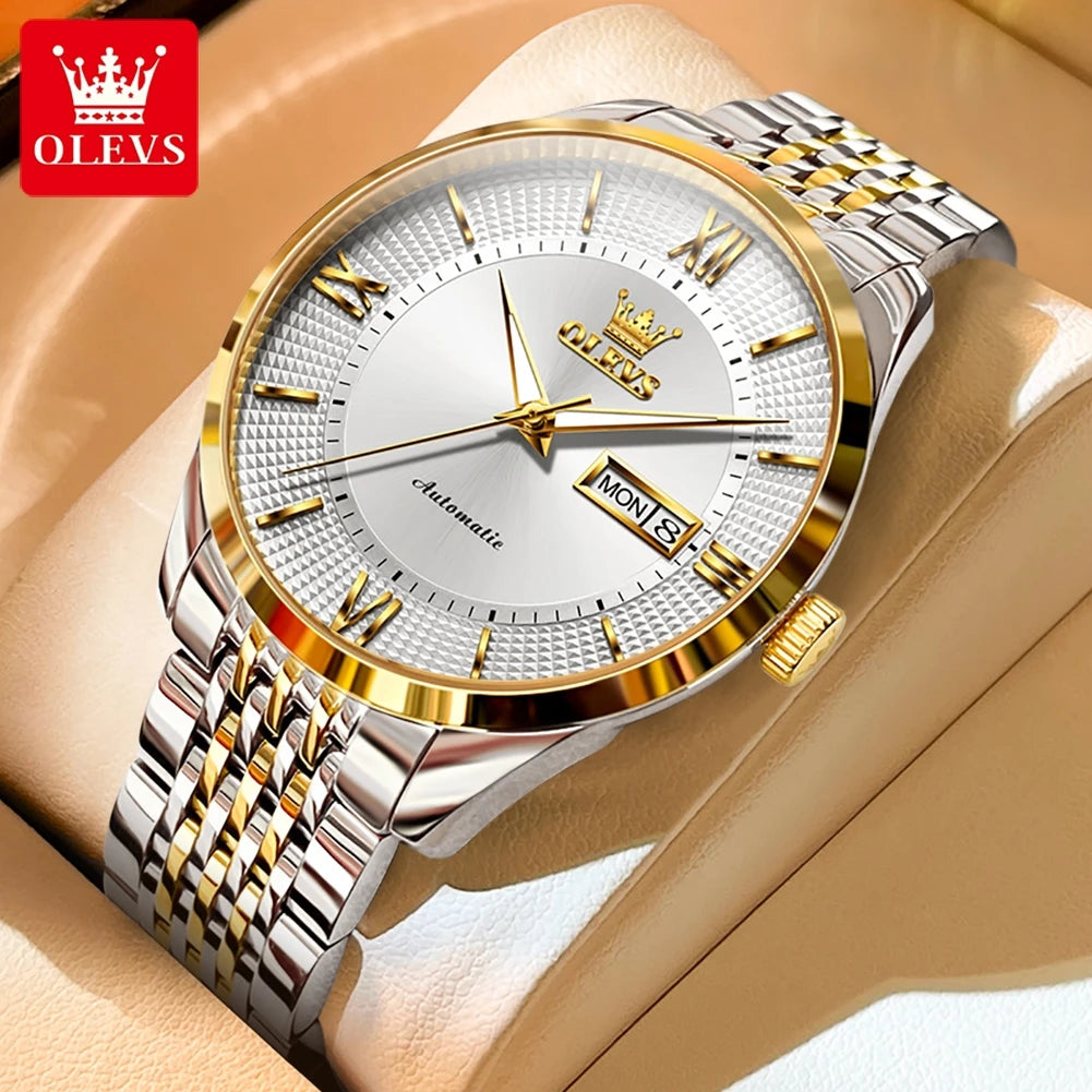 OLEVS 6657 Mens Watch Original Simple Reloj 50M Waterproof Luminous Watches For Men Mechanical Watch Day-Date Watch  With Box
